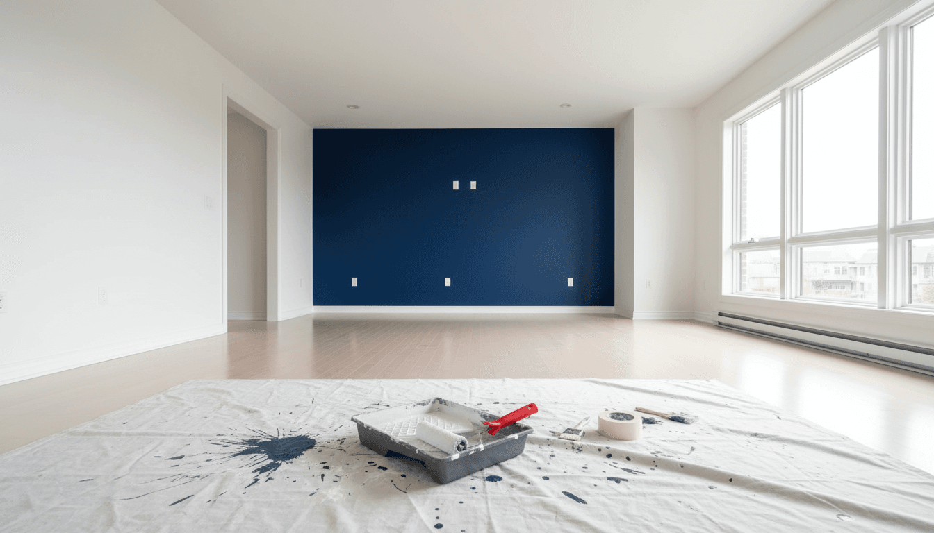 Freshly painted interior living room with navy blue accent wall
