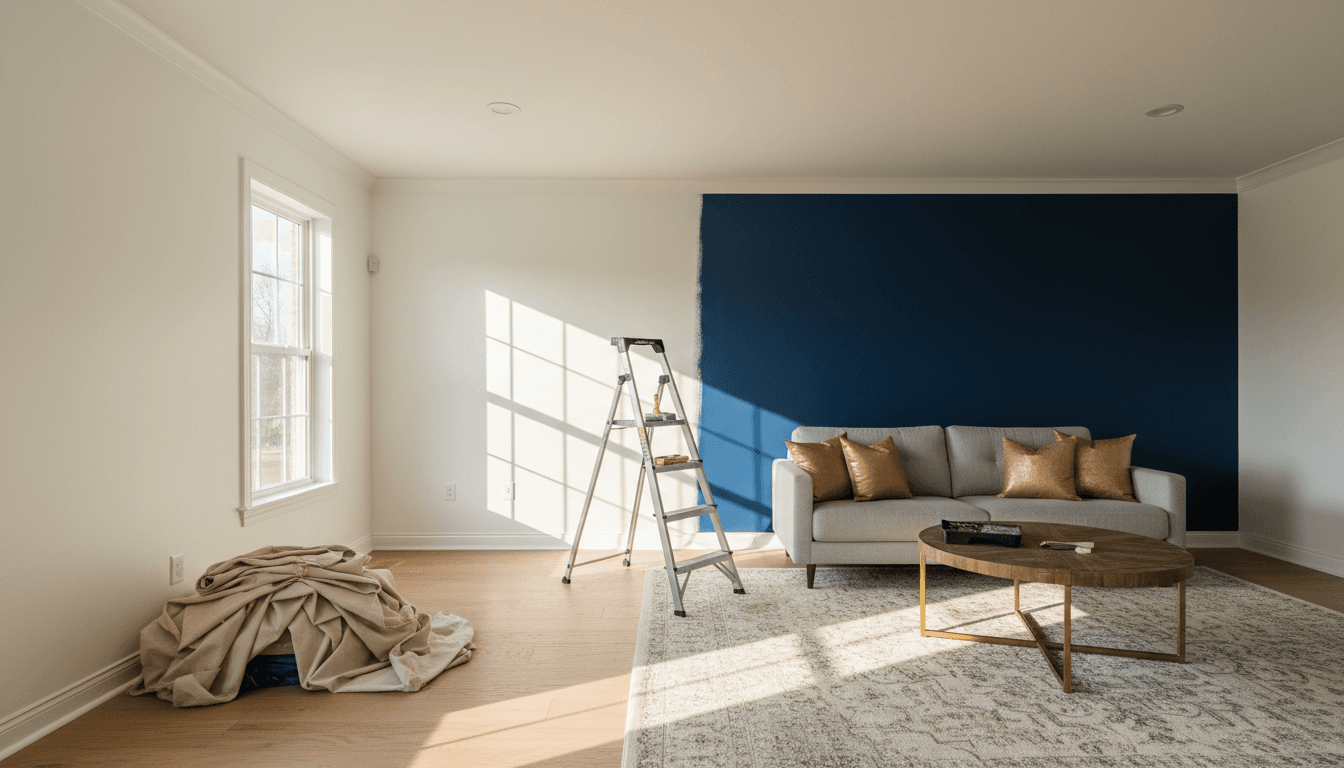 Freshly painted living room with navy accent wall and natural light