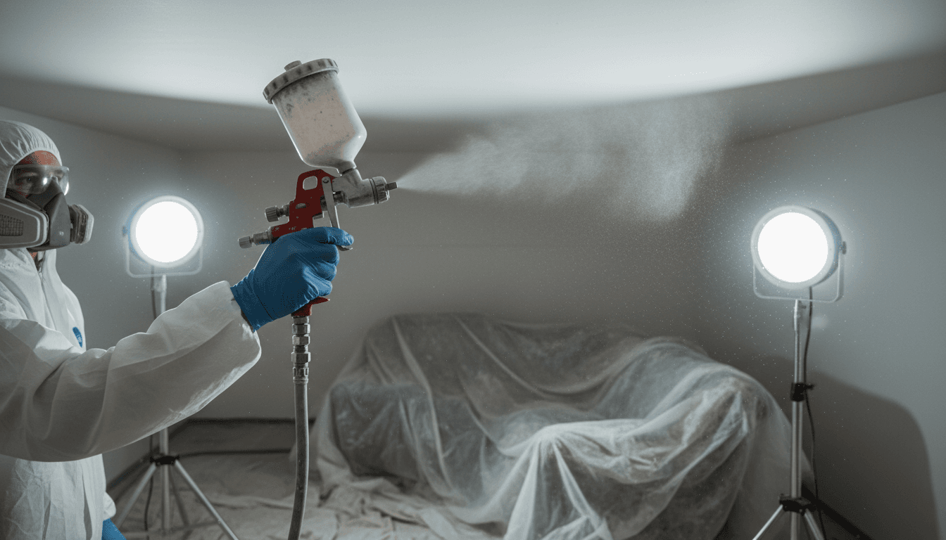 Painter using spray machine on a large ceiling