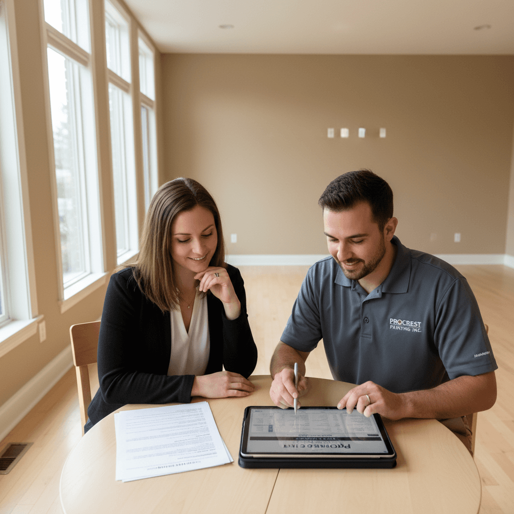 Painting contractor reviewing a quote with a homeowner in an empty living room