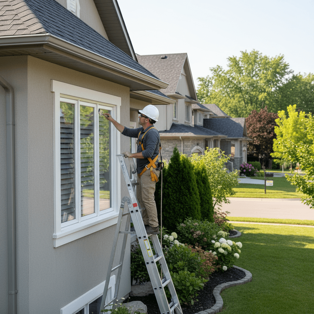Painter on ladder painting exterior trim of a suburban house