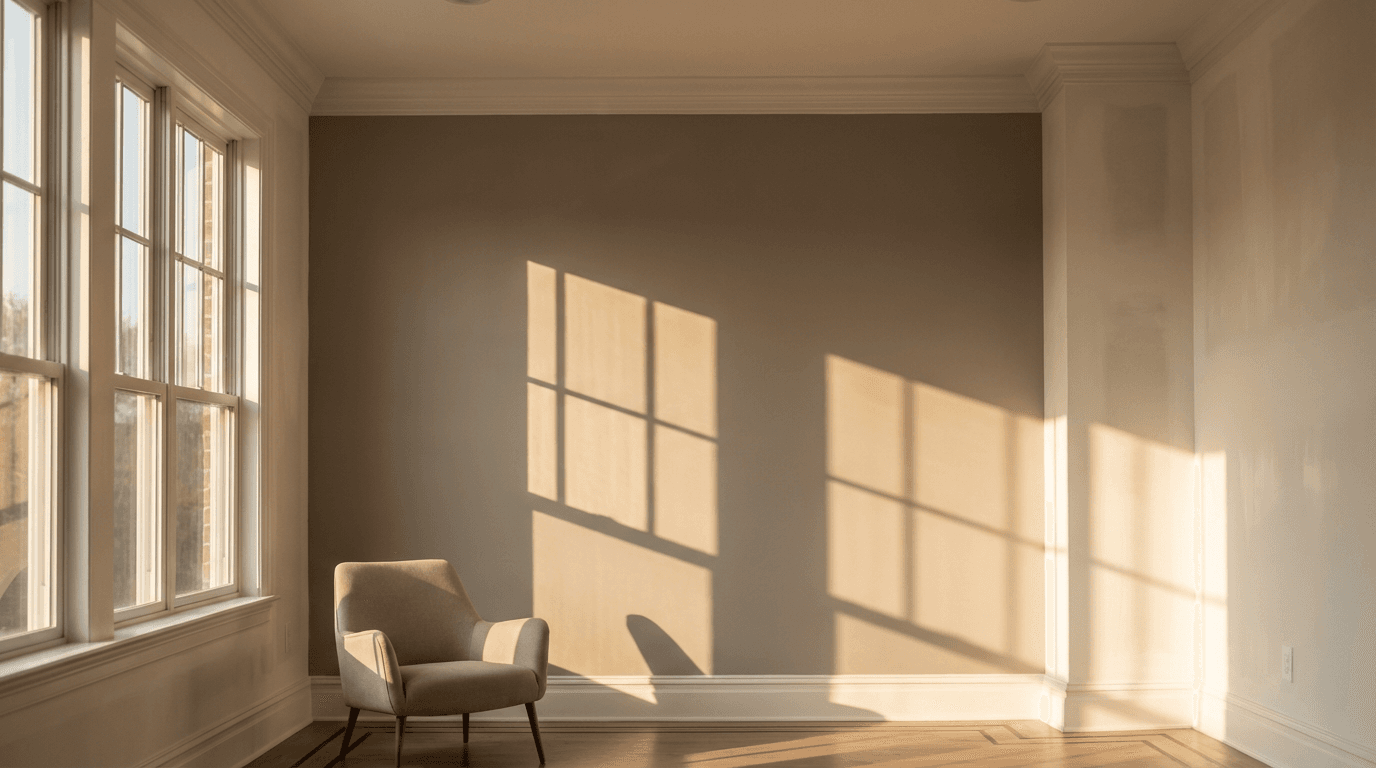 Bright living room with freshly painted walls and white trim