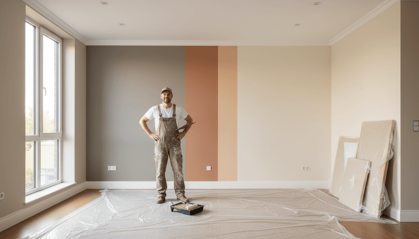 Painting contractor inspecting fresh paint in a new apartment hallway