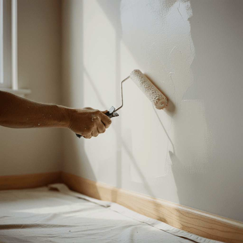 Painter cleaning brushes and rolling up drop cloths