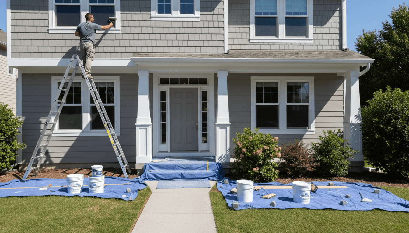 Painter on a ladder painting exterior trim of a home