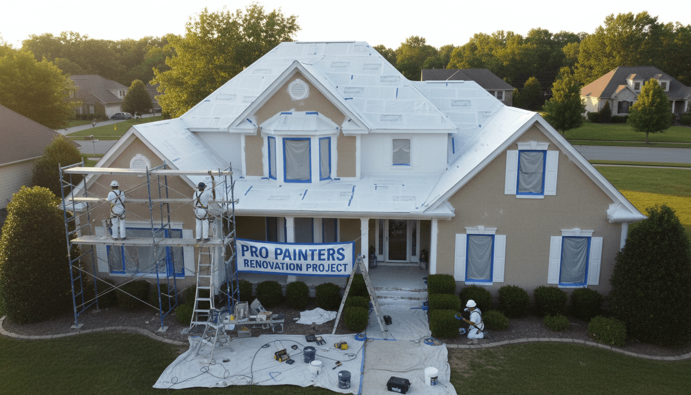 Professional painting team working together on residential home exterior at different heights with scaffolding and ladders