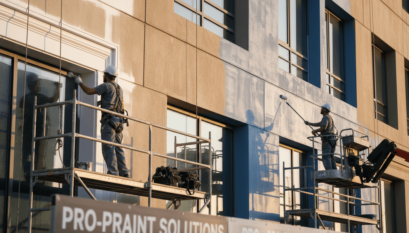 Professional painter in safety harness on a lift platform painting a building exterior