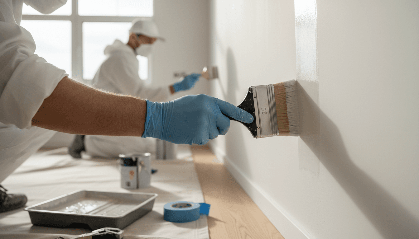 Painter carefully cutting in along the ceiling edge in a bright residential living room