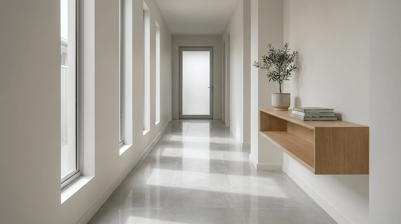 Freshly painted modern condo hallway with navy blue accent walls and white trim