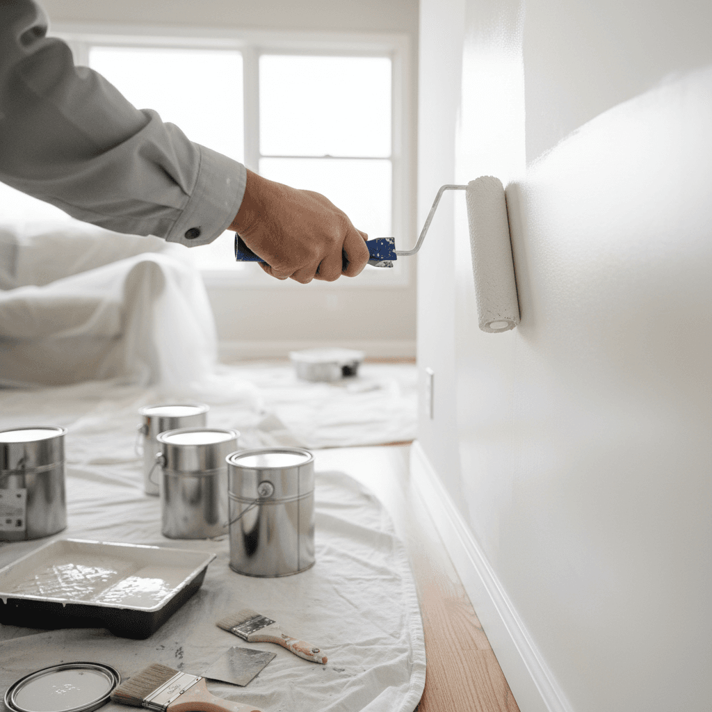 Painter applying a fresh coat of paint to a wall in a bright living room