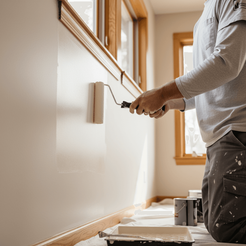 Professional painter with a roller painting a wall in a bright, clean interior