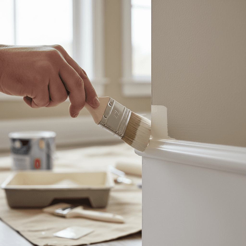 Professional painter's hand carefully applying paint to interior trim with precision brush, soft natural lighting