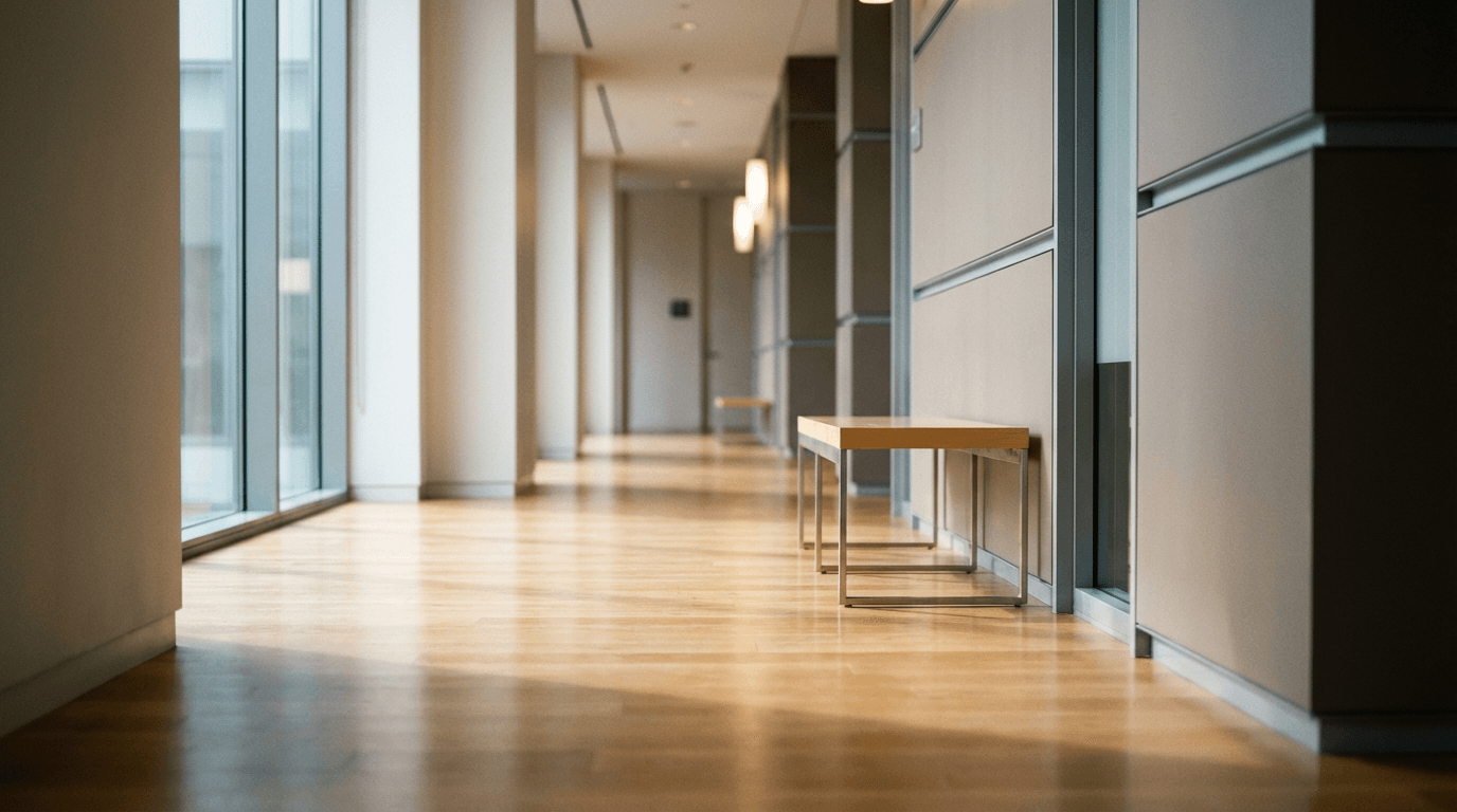 Clean office corridor with fresh off-white paint and trimmed details