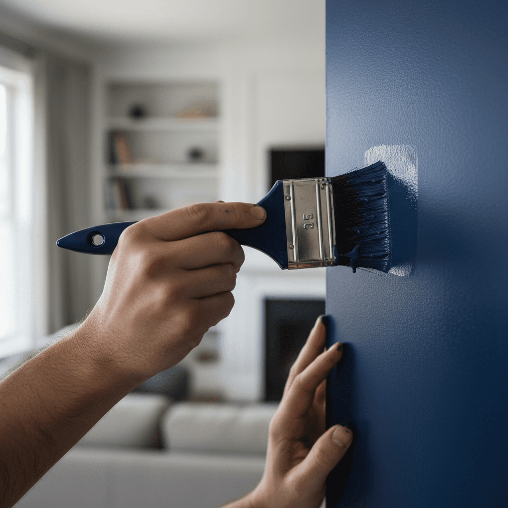 Professional painter holding a brush in a freshly painted navy blue room