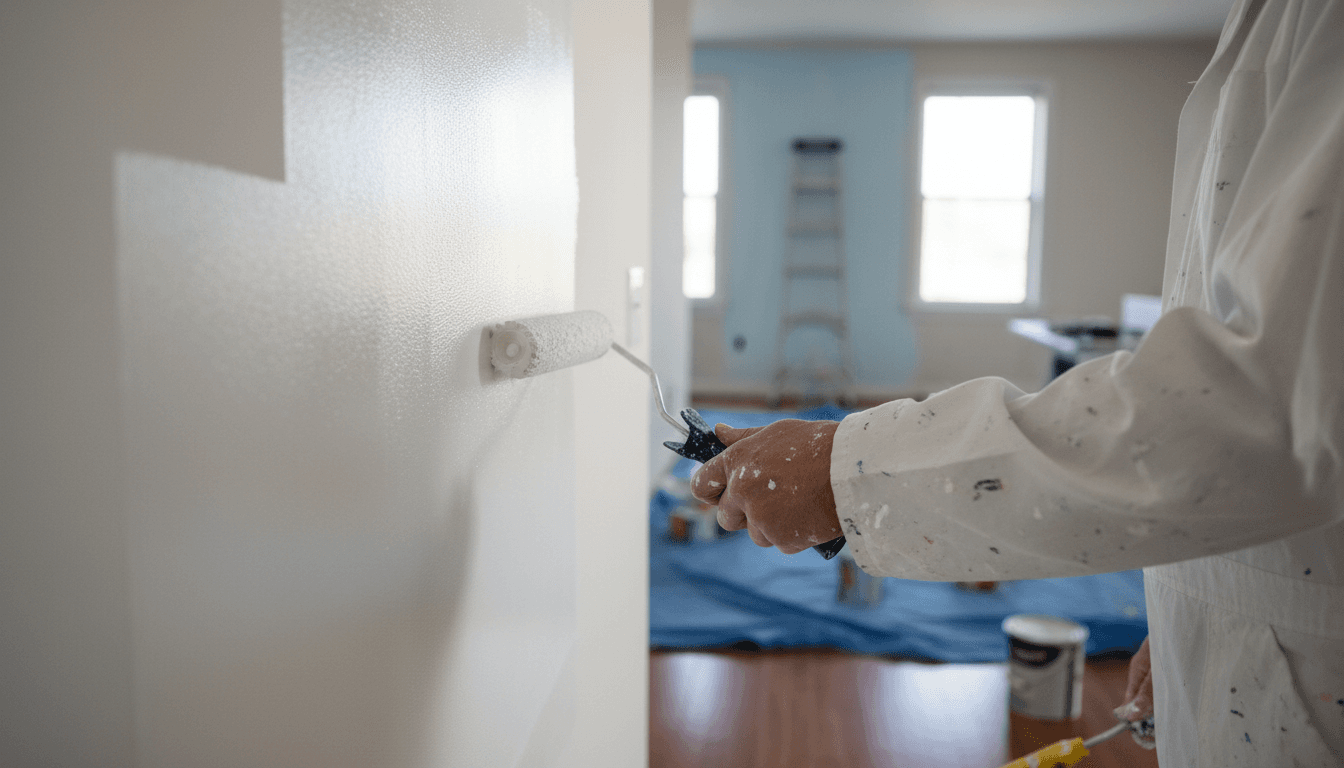 Painter using spray machine on high commercial ceiling
