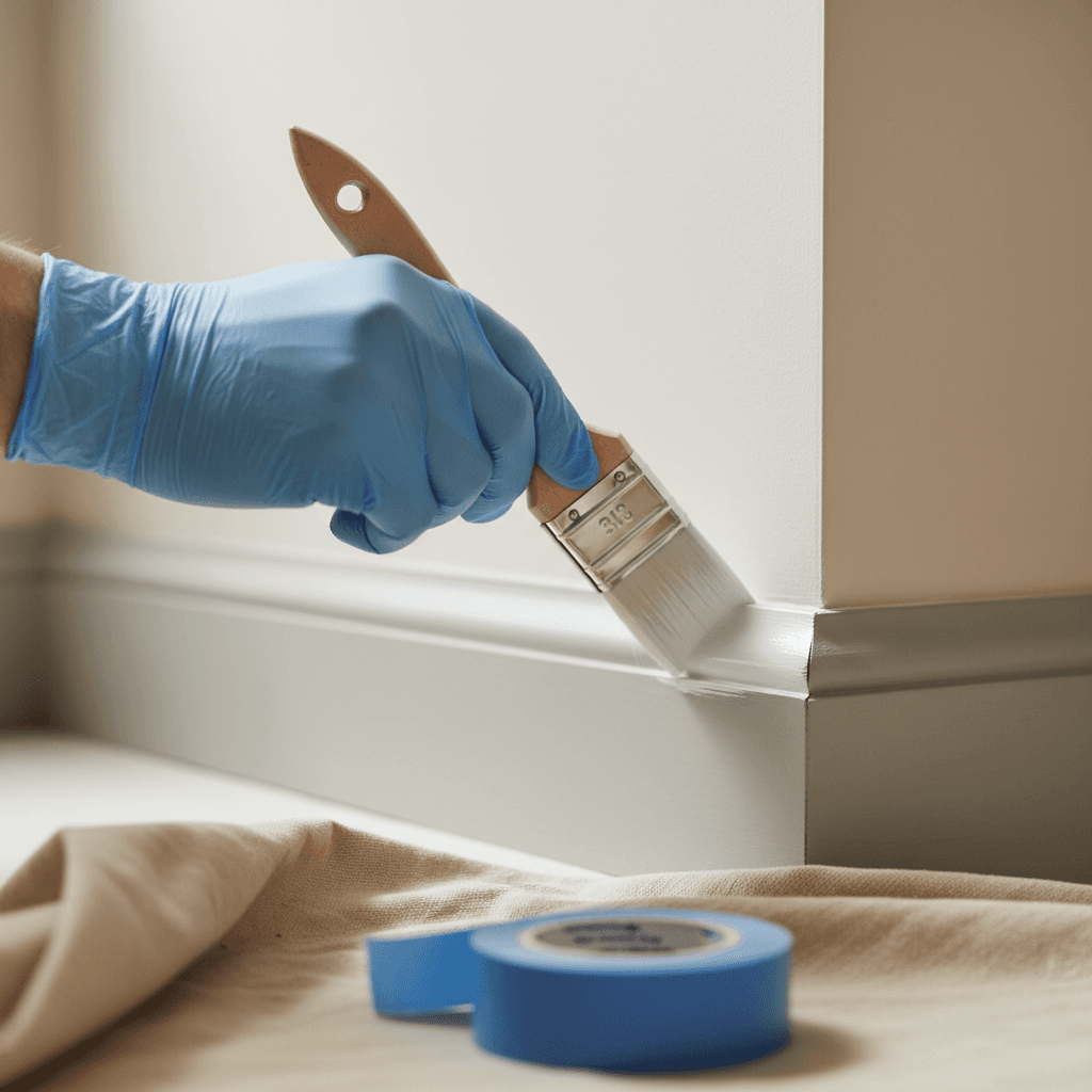 Painter sanding window trim during prep