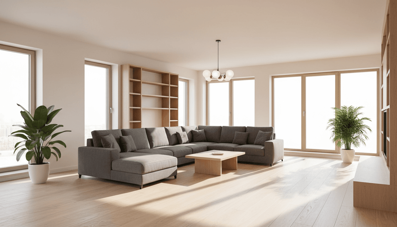Freshly painted empty living room with large windows and sunlight