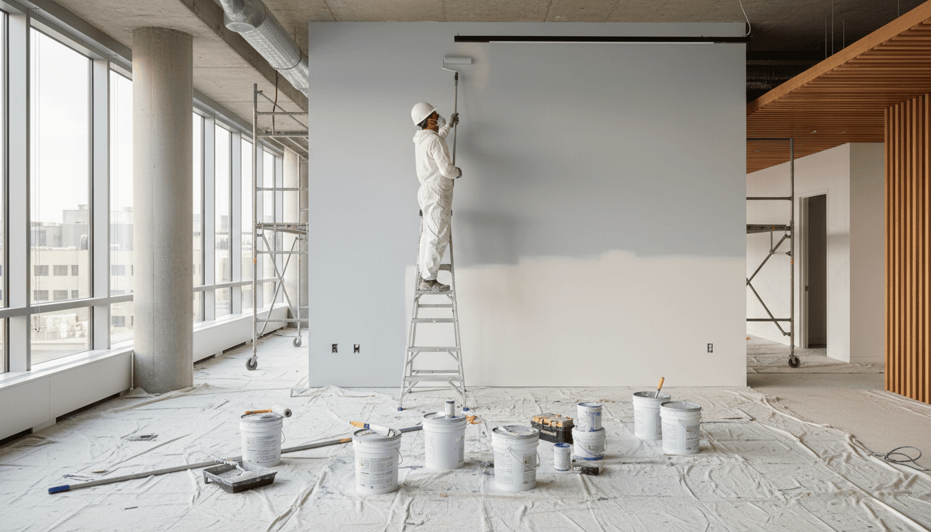 Certified painter on a boom lift painting a high ceiling
