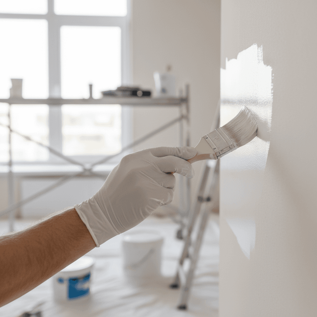 Commercial painter cutting in a clean edge along an office corridor wall