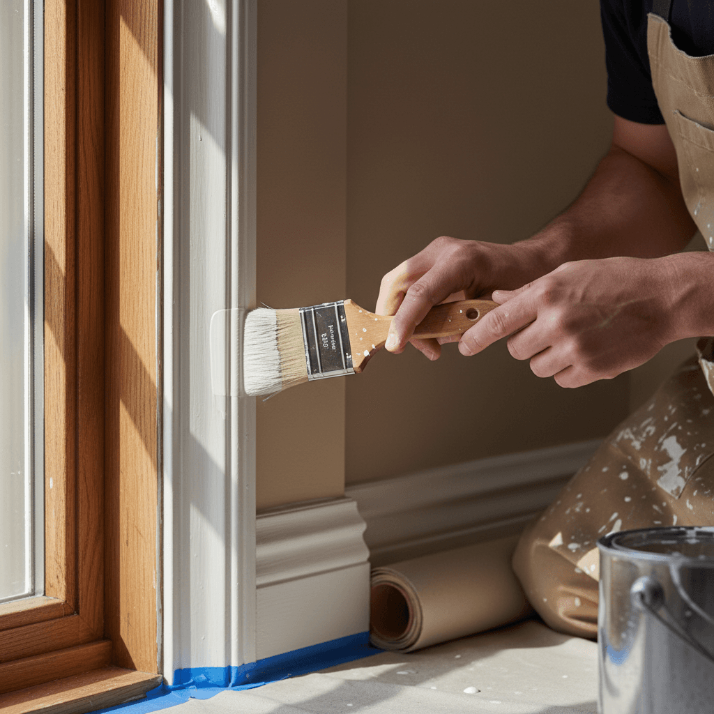 Painter cutting in crisp line between ceiling and wall