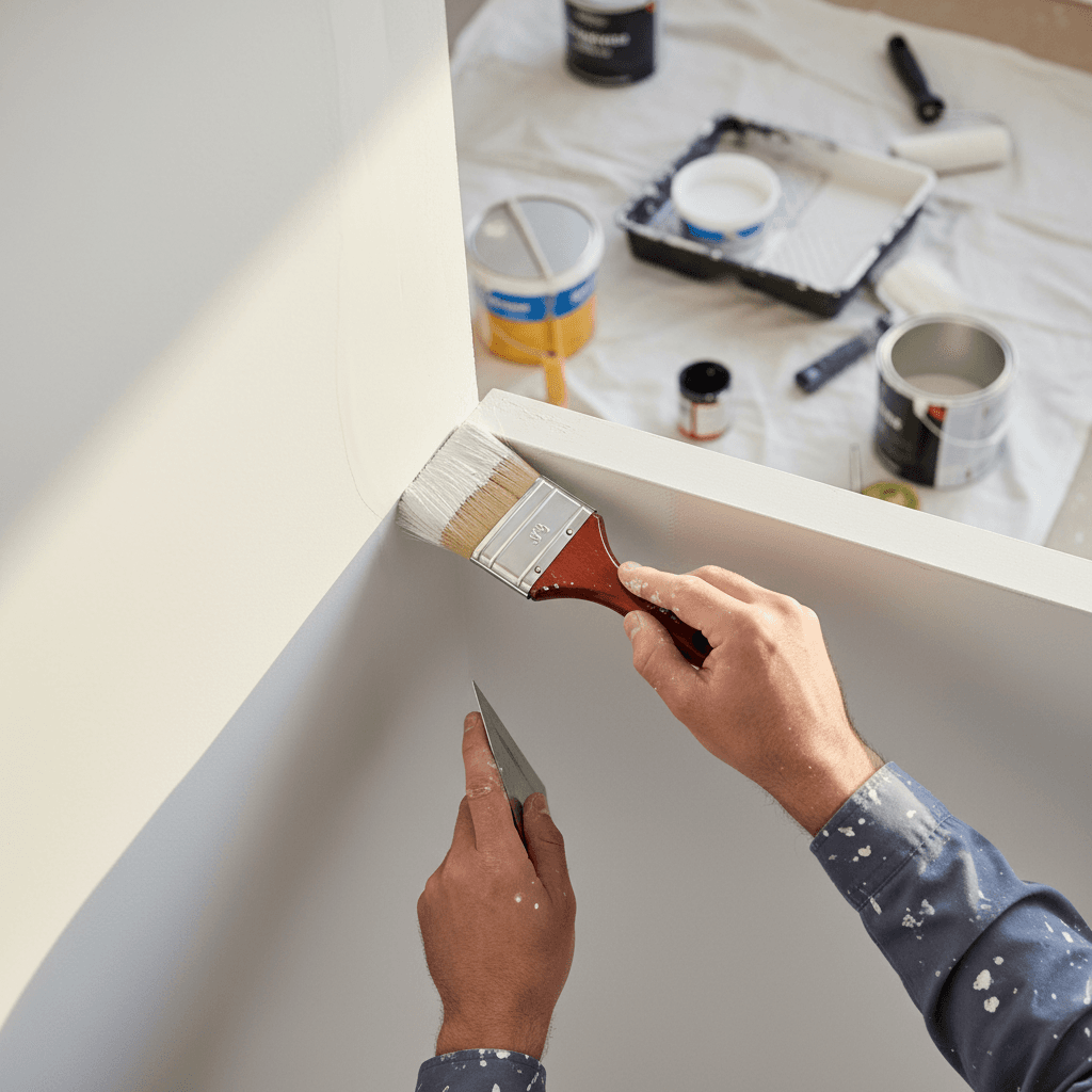 Painter using a spray machine from a boom lift platform