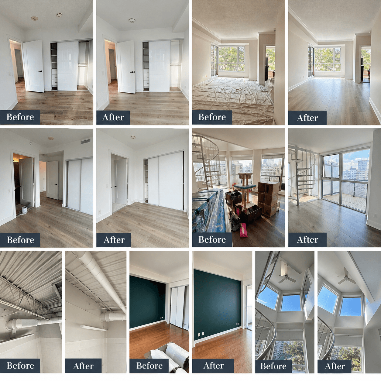 Before and after photos showcasing interior home renovation projects like painting, flooring, and decluttering.